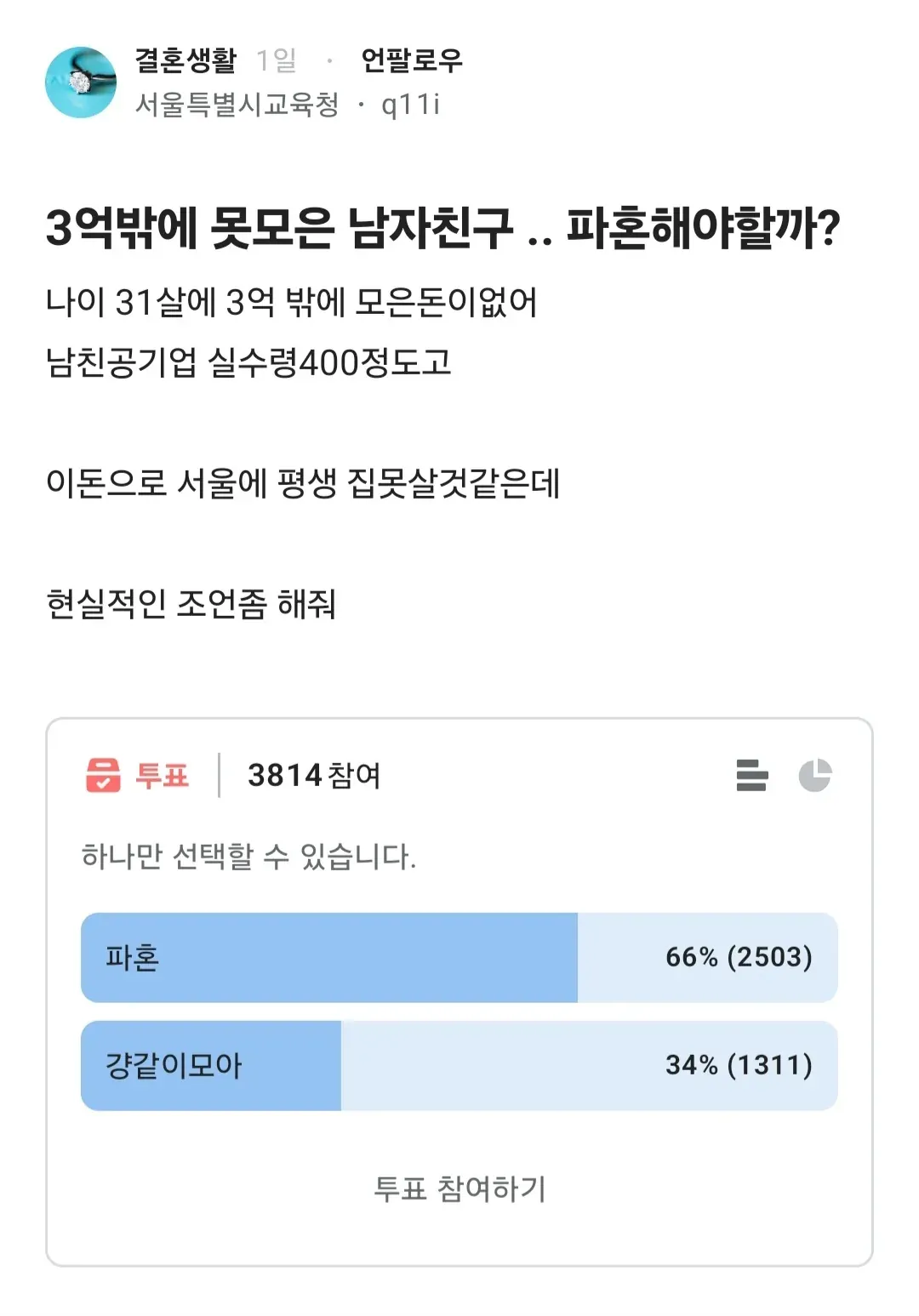 3억 모은 남친 파혼각? 댓글 '넌 얼마있는데'